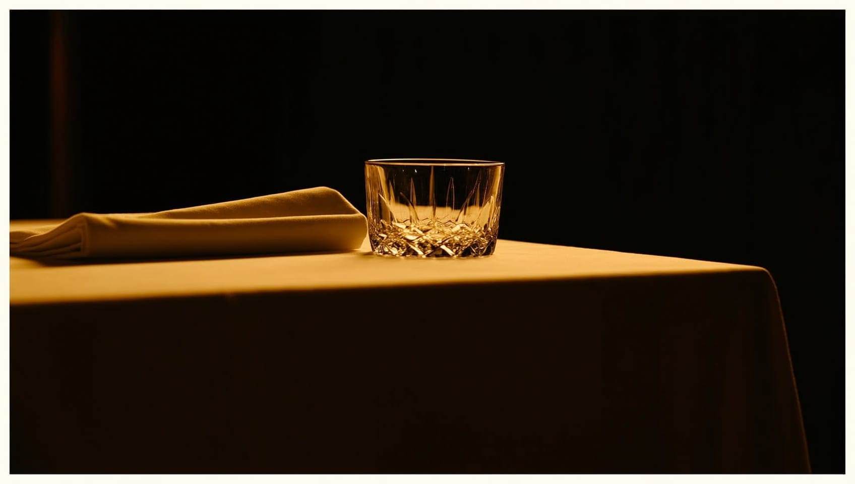 A single crystal glass and folded linen napkin lit warmly against total darkness at a place setting